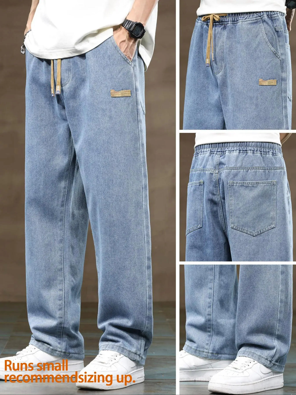 Men'S Drawstring Elastic Waist Straight Leg Jeans, Solid Color Classic Casual Streetwear Versatile Non Stretch Denim Pants, Pocket, Fit Straight Leg Version, Suitable for All Seasons