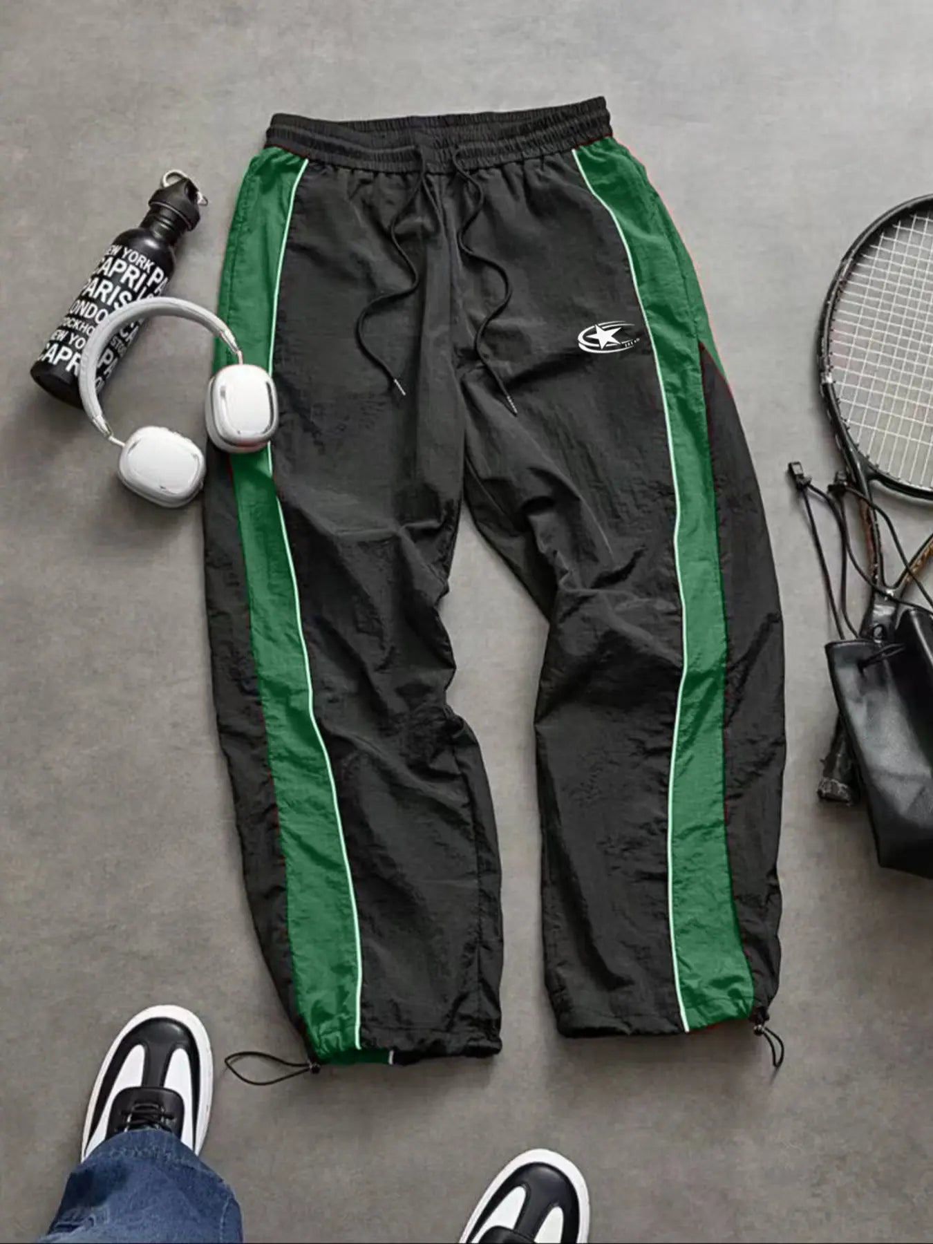 Men'S Casual Sporty Long Pants, Loose Fit Elastic Cuff, Fashionable Print, Lightweight Fabric, Perfect for Daily Wear