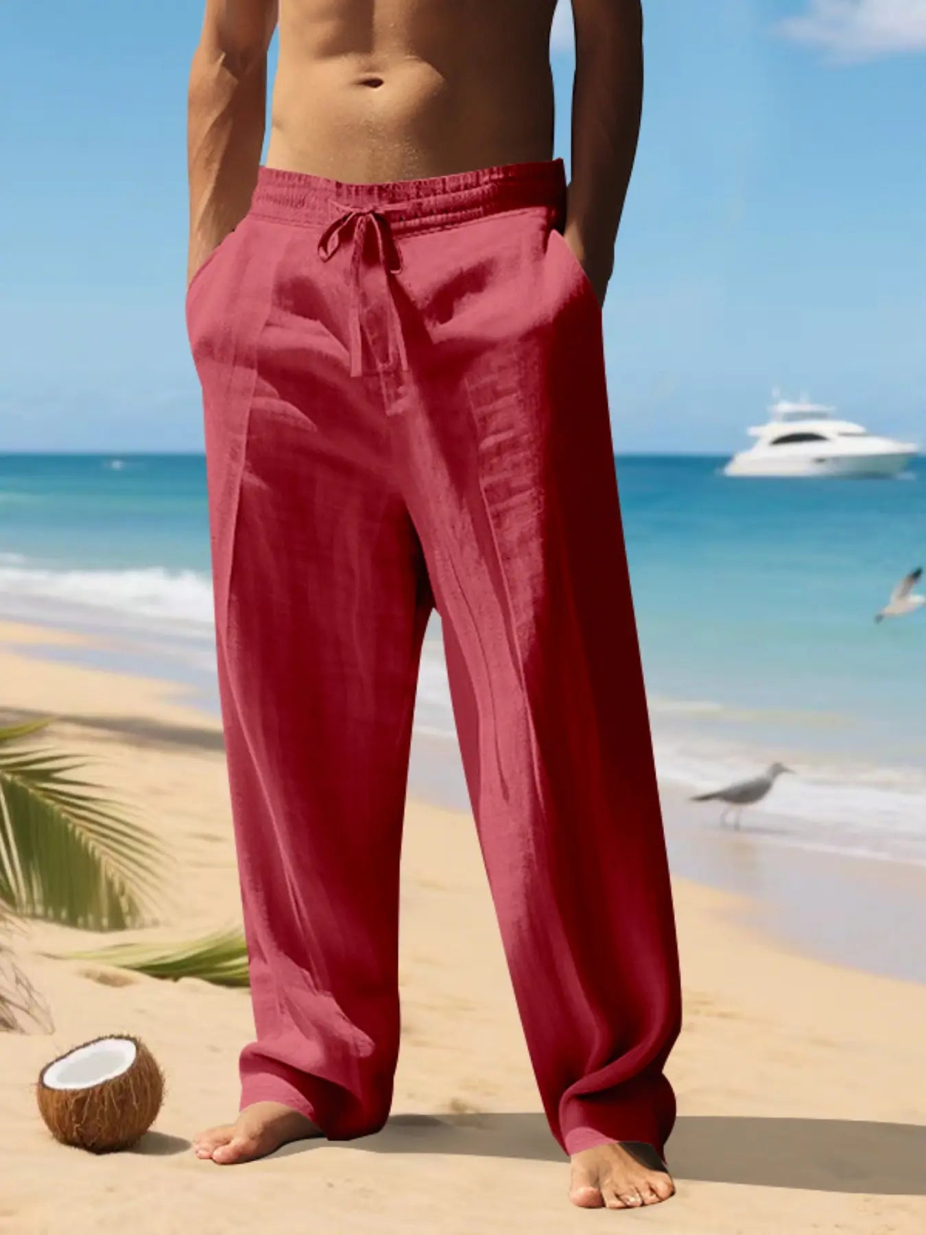 Men'S Plain Linen Thin Long Pants, Casual Asymmetrical Design, Elastic Waist, Loose-Fit, S-3Xl, Durable & Easy Care, Perfect for Daily Wear
