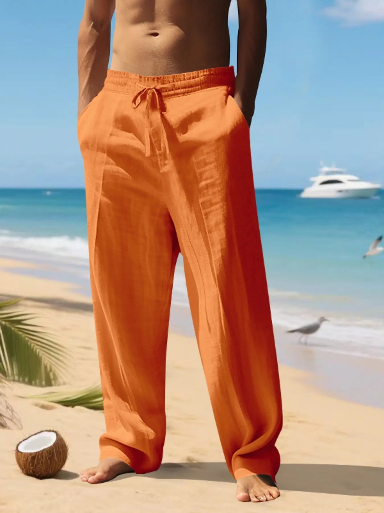 Men'S Plain Linen Thin Long Pants, Casual Asymmetrical Design, Elastic Waist, Loose-Fit, S-3Xl, Durable & Easy Care, Perfect for Daily Wear