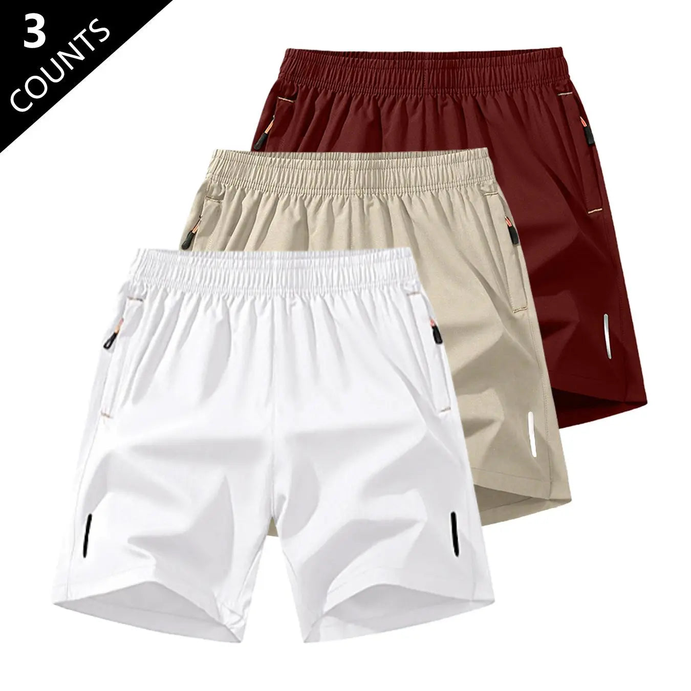 Men’S Solid-Color Shorts with Zippered Pockets — Summer Casual, Comfortable, Breathable Shorts Made from a 97% Polyester + 3% Spandex Blend; Men’S Bottoms for Everyday Wear, Tropical Beige Color, Multiple Specifications Available.