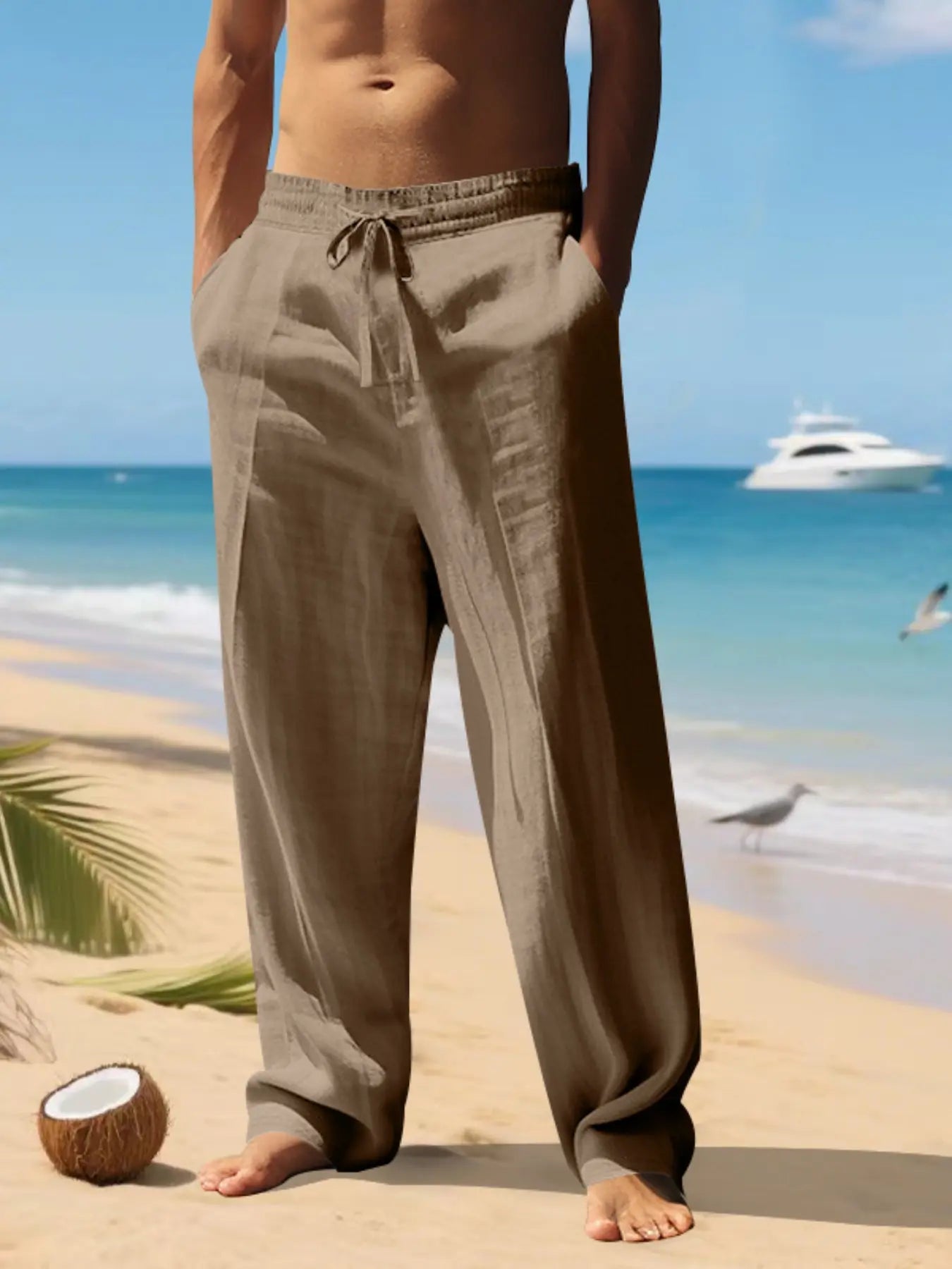 Men'S Plain Linen Thin Long Pants, Casual Asymmetrical Design, Elastic Waist, Loose-Fit, S-3Xl, Durable & Easy Care, Perfect for Daily Wear