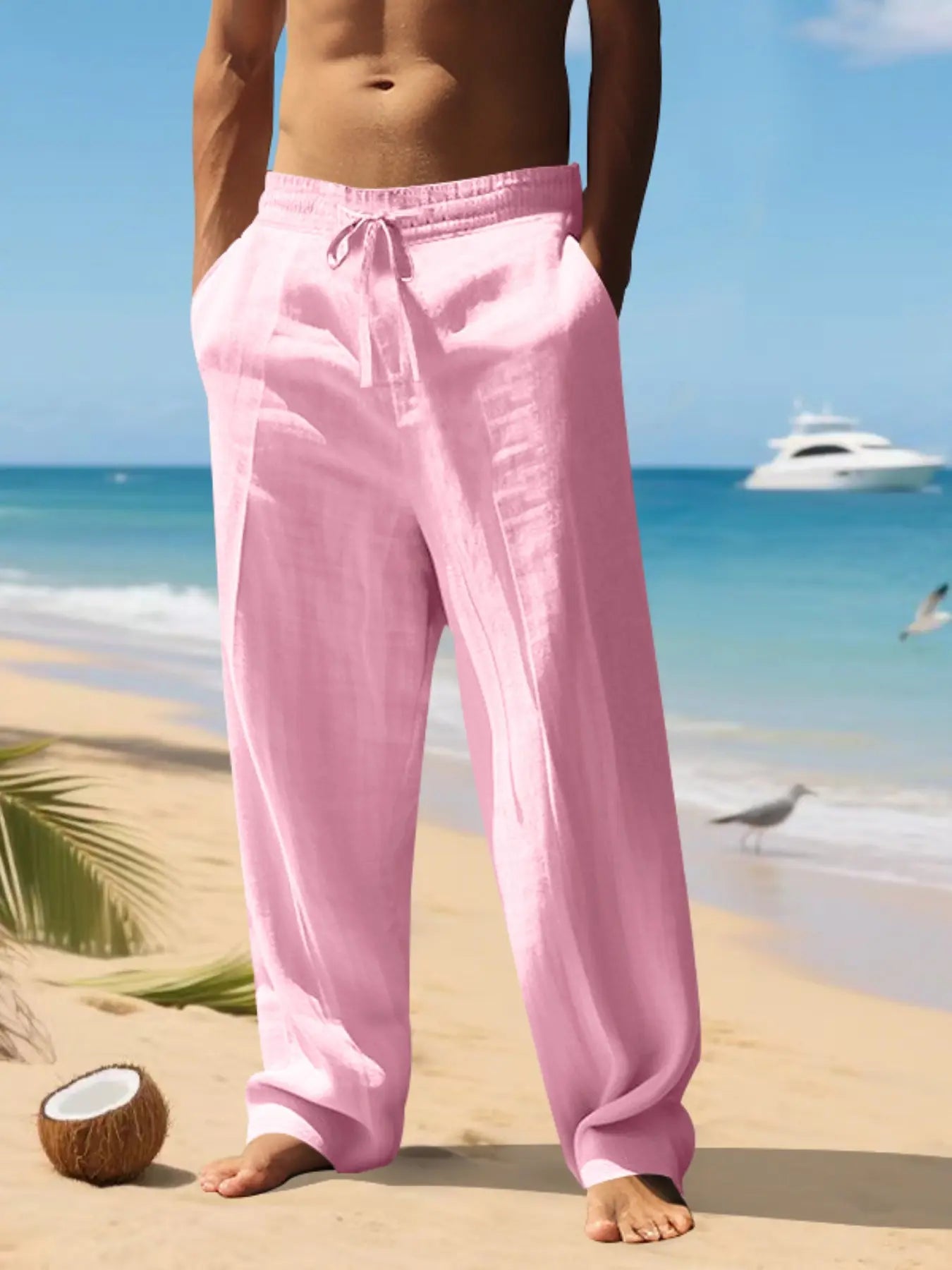 Men'S Plain Linen Thin Long Pants, Casual Asymmetrical Design, Elastic Waist, Loose-Fit, S-3Xl, Durable & Easy Care, Perfect for Daily Wear
