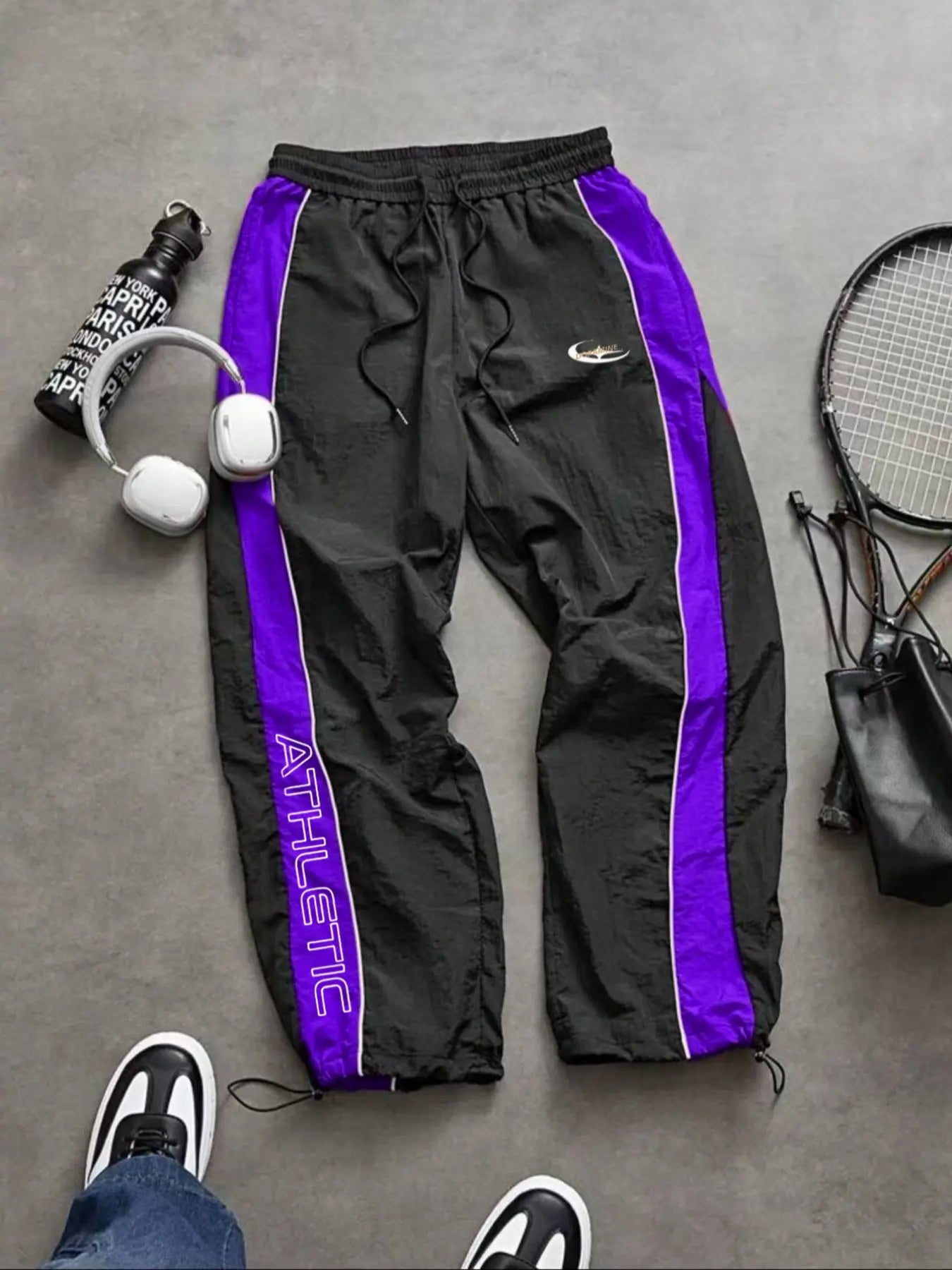 Men'S Casual Sporty Long Pants, Loose Fit Elastic Cuff, Fashionable Print, Lightweight Fabric, Perfect for Daily Wear
