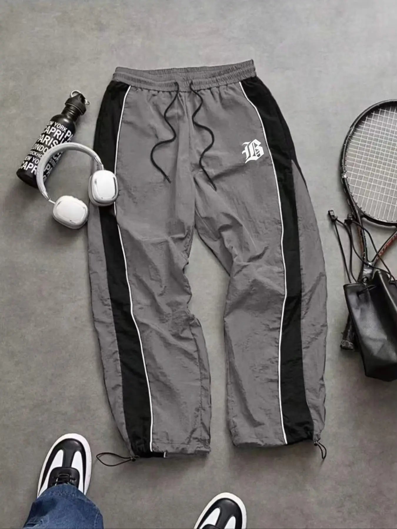 Men'S Casual Sporty Long Pants, Loose Fit Elastic Cuff, Fashionable Print, Lightweight Fabric, Perfect for Daily Wear