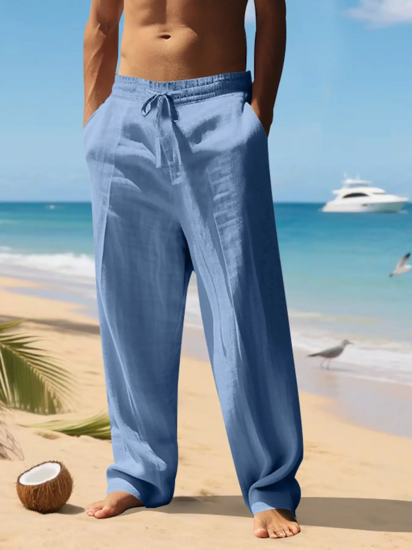 Men'S Plain Linen Thin Long Pants, Casual Asymmetrical Design, Elastic Waist, Loose-Fit, S-3Xl, Durable & Easy Care, Perfect for Daily Wear