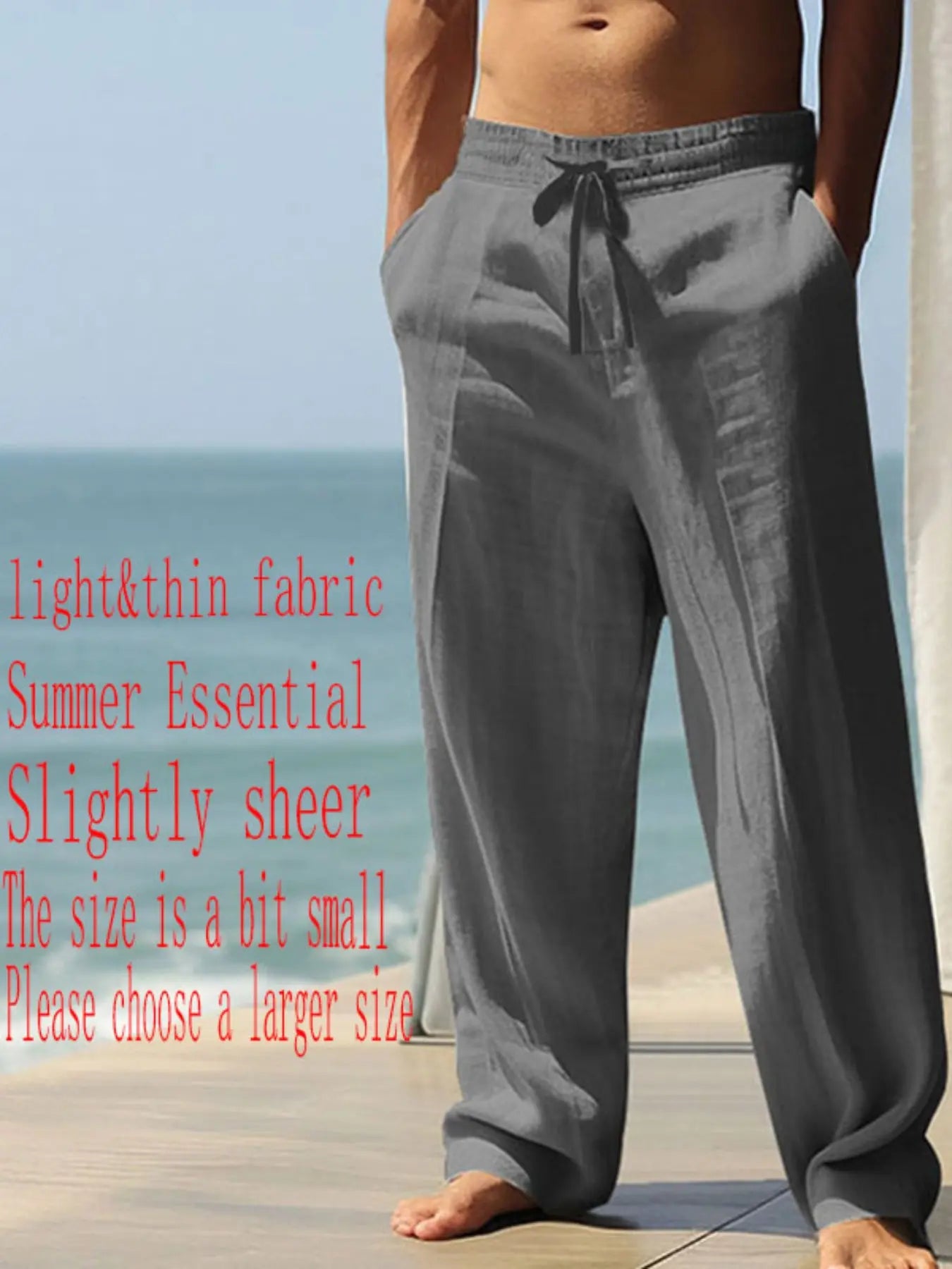 Men'S Plain Linen Thin Long Pants, Casual Asymmetrical Design, Elastic Waist, Loose-Fit, S-3Xl, Durable & Easy Care, Perfect for Daily Wear