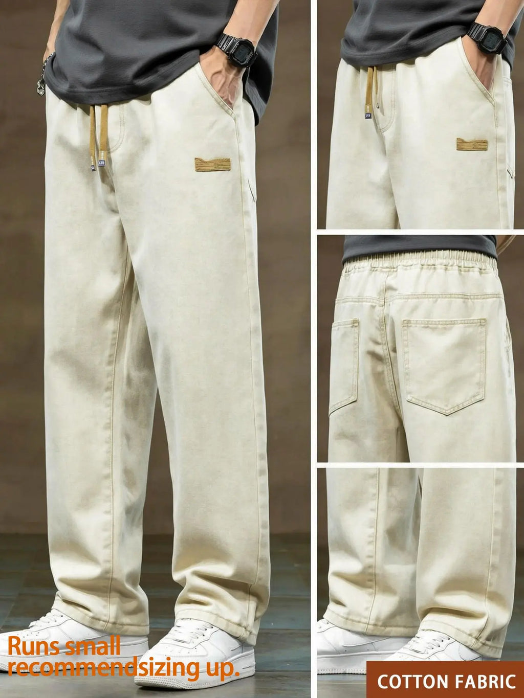 Men'S Drawstring Elastic Waist Straight Leg Jeans, Solid Color Classic Casual Streetwear Versatile Non Stretch Denim Pants, Pocket, Fit Straight Leg Version, Suitable for All Seasons