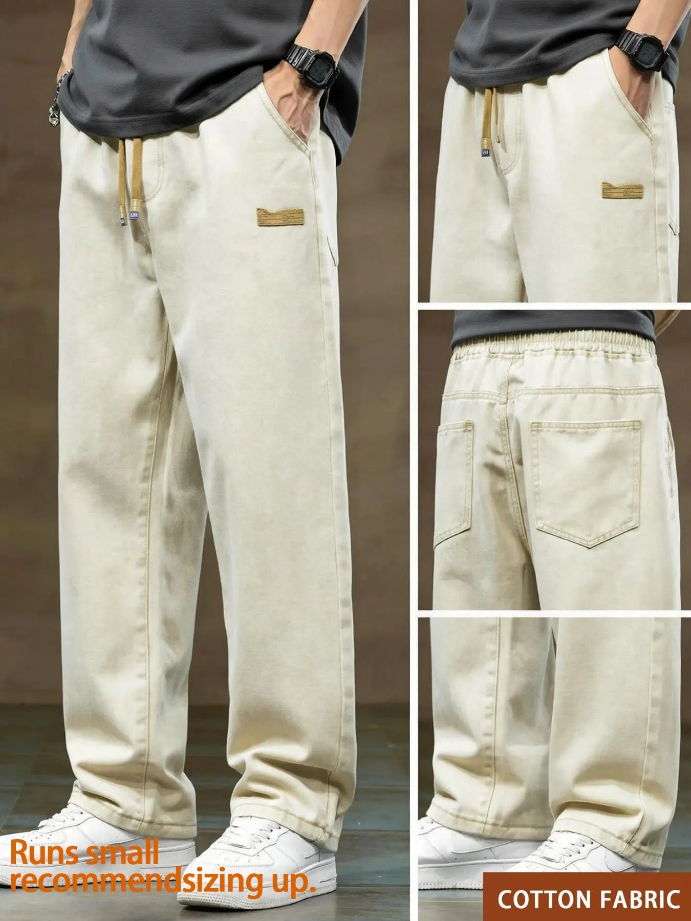 Men'S Drawstring Elastic Waist Straight Leg Jeans, Solid Color Classic Casual Streetwear Versatile Non Stretch Denim Pants, Pocket, Fit Straight Leg Version, Suitable for All Seasons