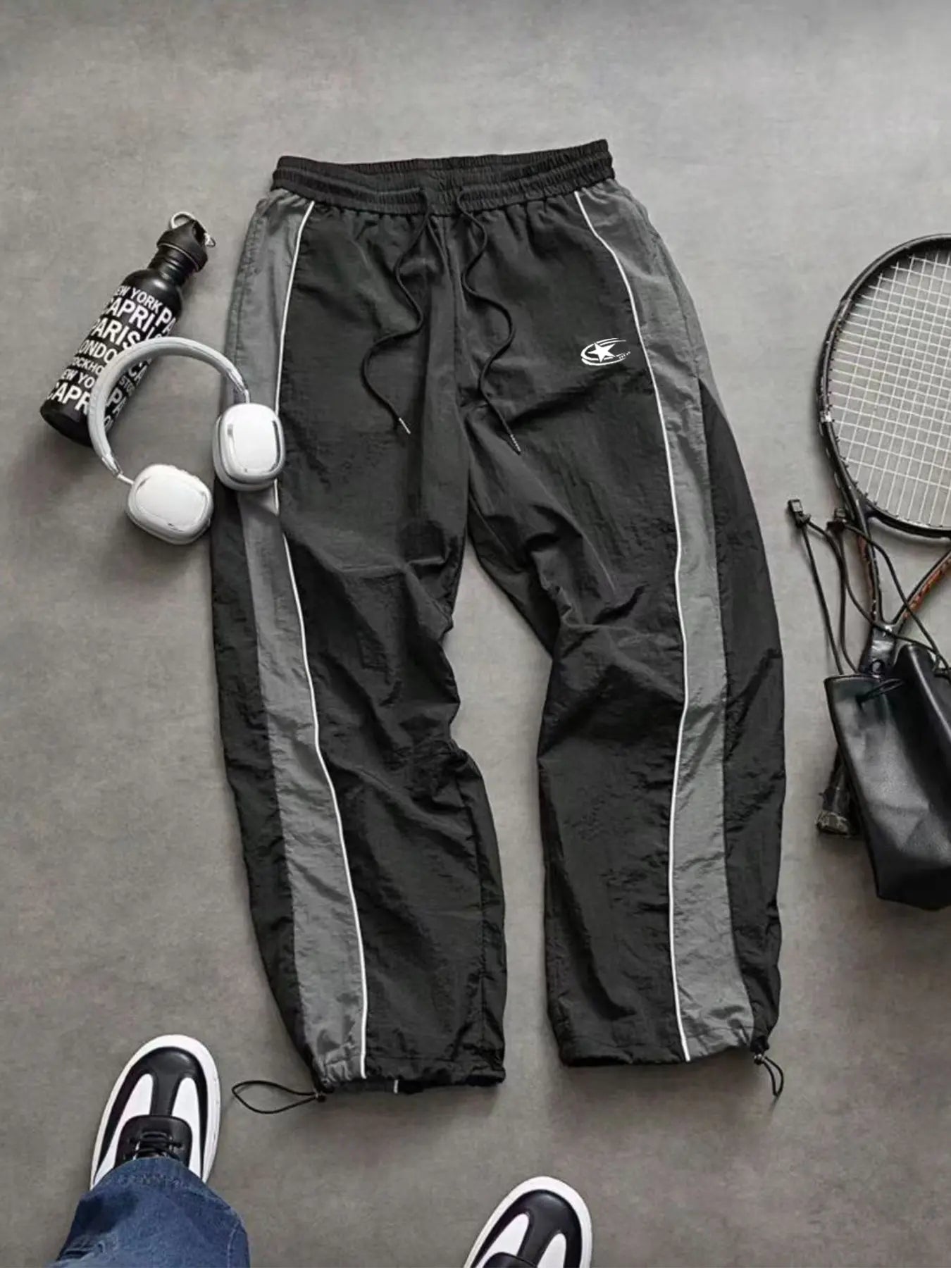 Men'S Casual Sporty Long Pants, Loose Fit Elastic Cuff, Fashionable Print, Lightweight Fabric, Perfect for Daily Wear