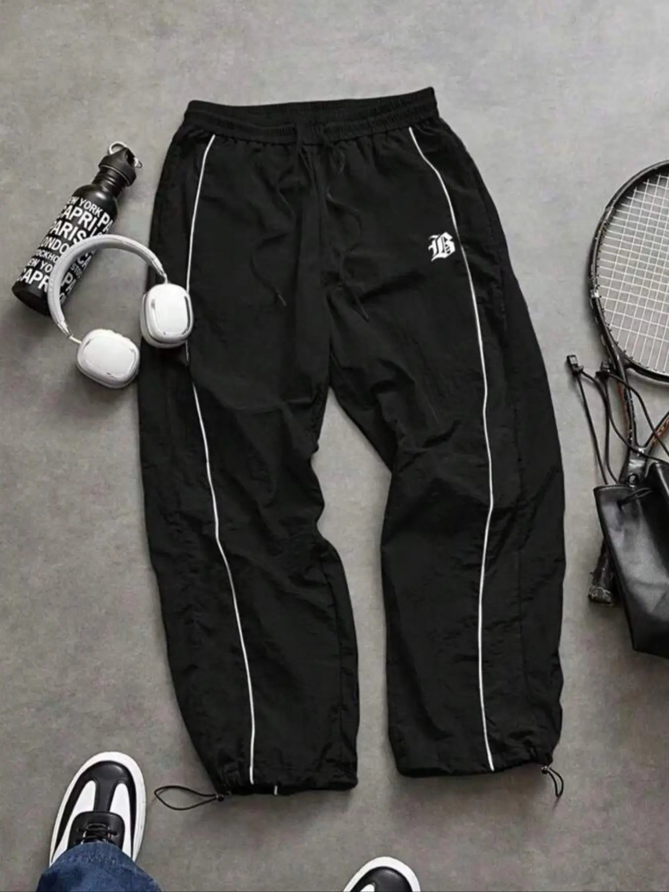 Men'S Casual Sporty Long Pants, Loose Fit Elastic Cuff, Fashionable Print, Lightweight Fabric, Perfect for Daily Wear