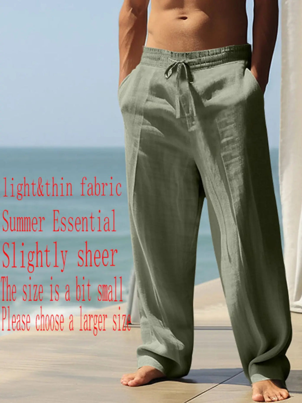Men'S Plain Linen Thin Long Pants, Casual Asymmetrical Design, Elastic Waist, Loose-Fit, S-3Xl, Durable & Easy Care, Perfect for Daily Wear