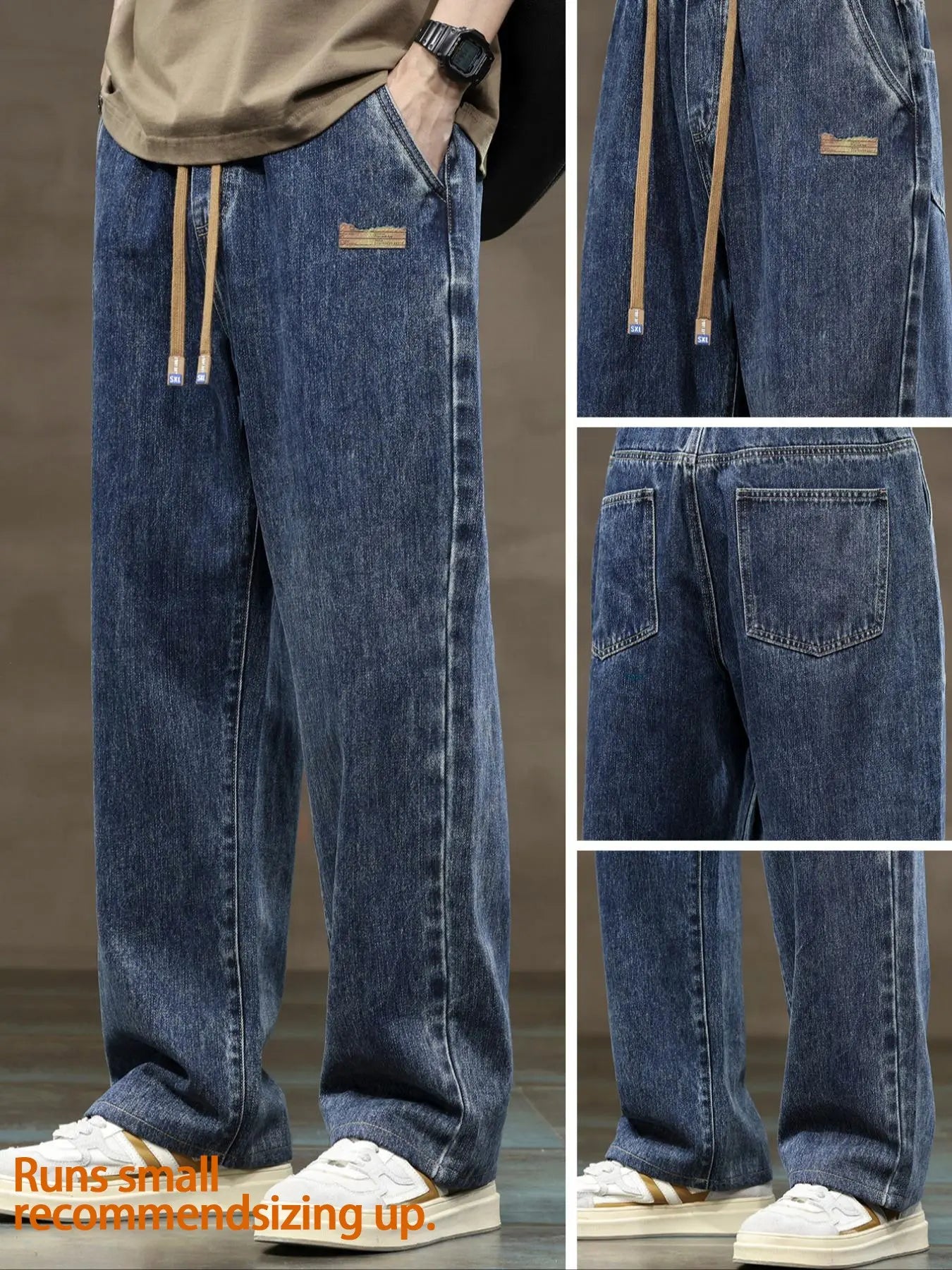 Men'S Drawstring Elastic Waist Straight Leg Jeans, Solid Color Classic Casual Streetwear Versatile Non Stretch Denim Pants, Pocket, Fit Straight Leg Version, Suitable for All Seasons