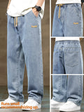 Men'S Drawstring Elastic Waist Straight Leg Jeans, Solid Color Classic Casual Streetwear Versatile Non Stretch Denim Pants, Pocket, Fit Straight Leg Version, Suitable for All Seasons