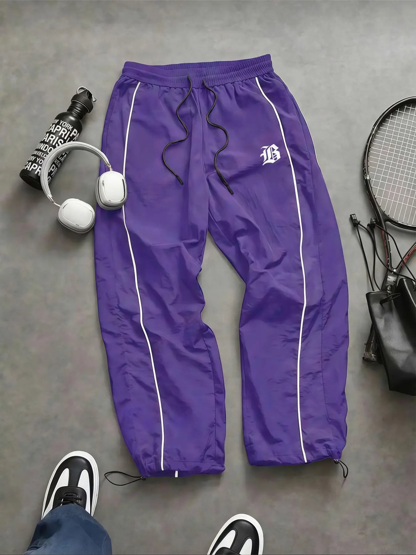 Men'S Casual Sporty Long Pants, Loose Fit Elastic Cuff, Fashionable Print, Lightweight Fabric, Perfect for Daily Wear