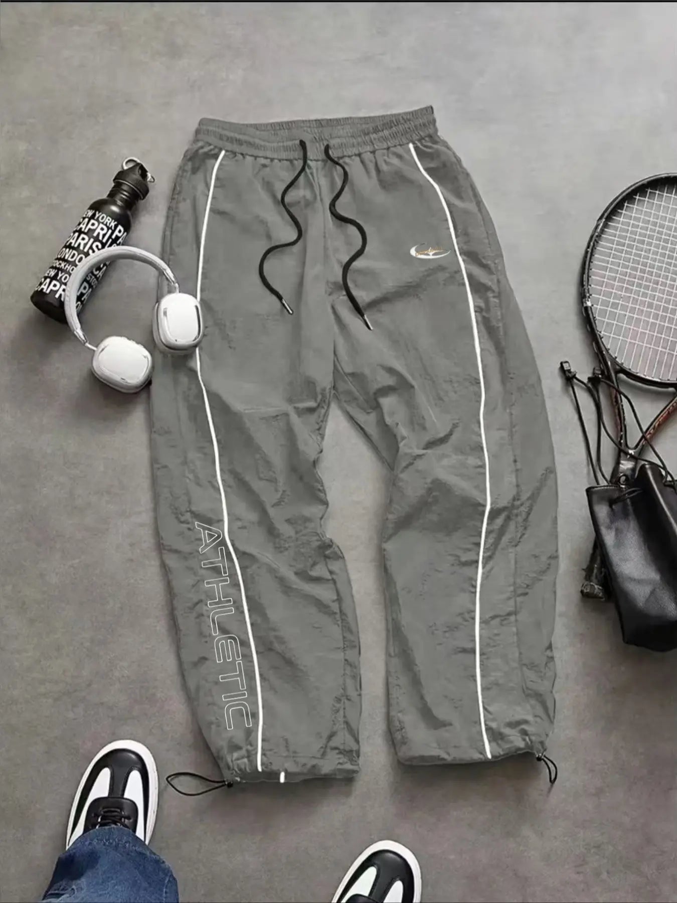 Men'S Casual Sporty Long Pants, Loose Fit Elastic Cuff, Fashionable Print, Lightweight Fabric, Perfect for Daily Wear