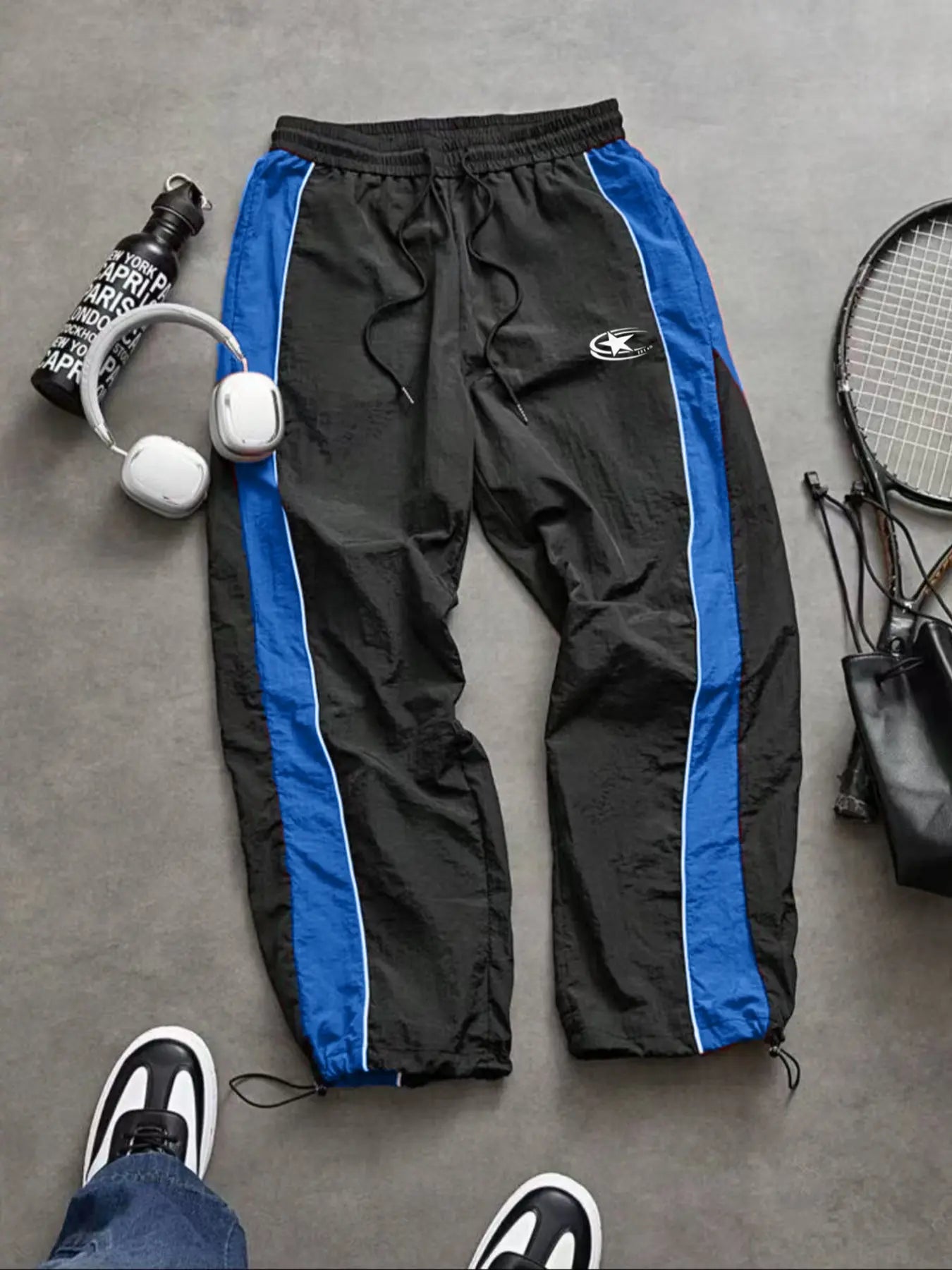Men'S Casual Sporty Long Pants, Loose Fit Elastic Cuff, Fashionable Print, Lightweight Fabric, Perfect for Daily Wear