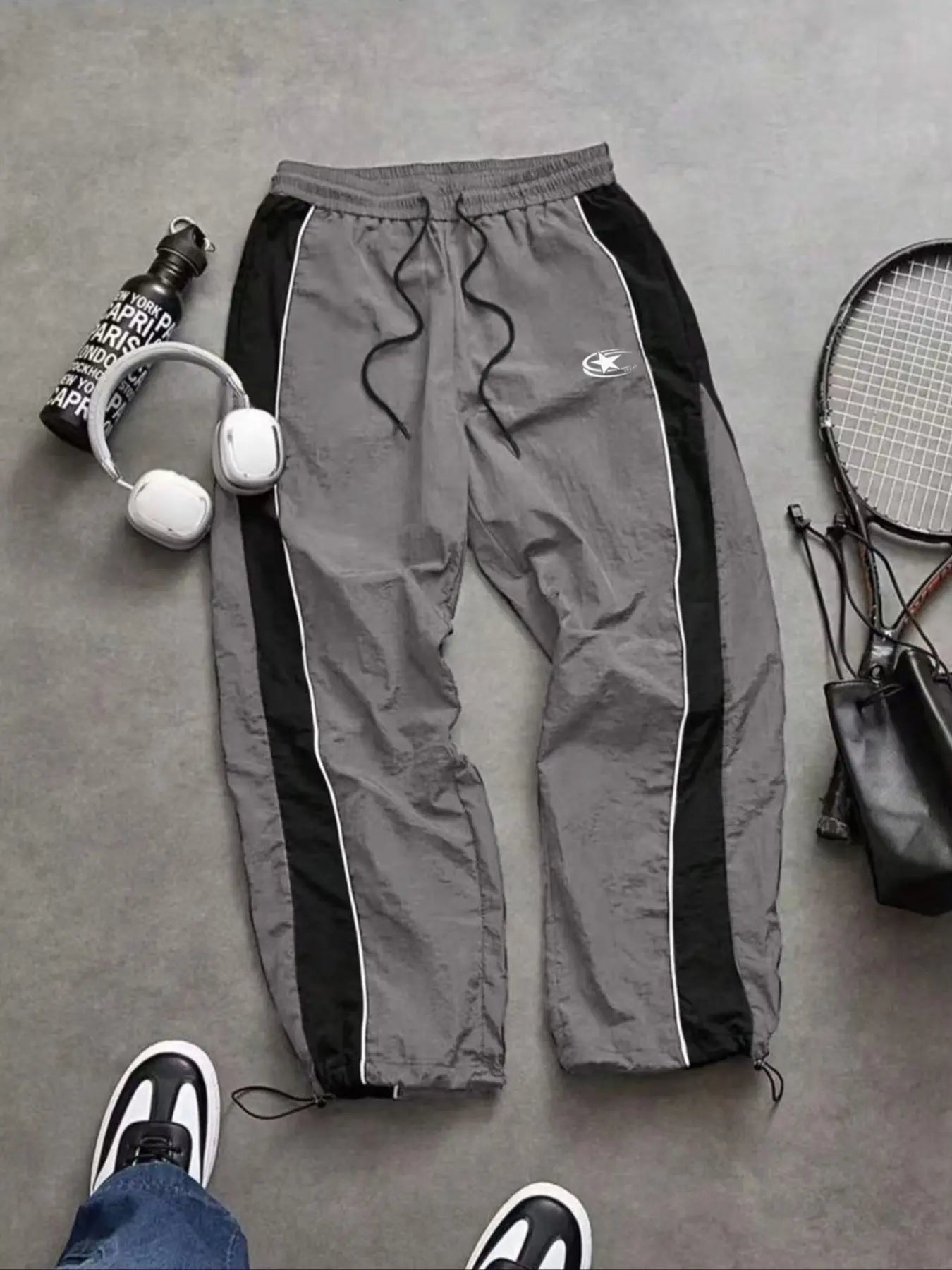 Men'S Casual Sporty Long Pants, Loose Fit Elastic Cuff, Fashionable Print, Lightweight Fabric, Perfect for Daily Wear