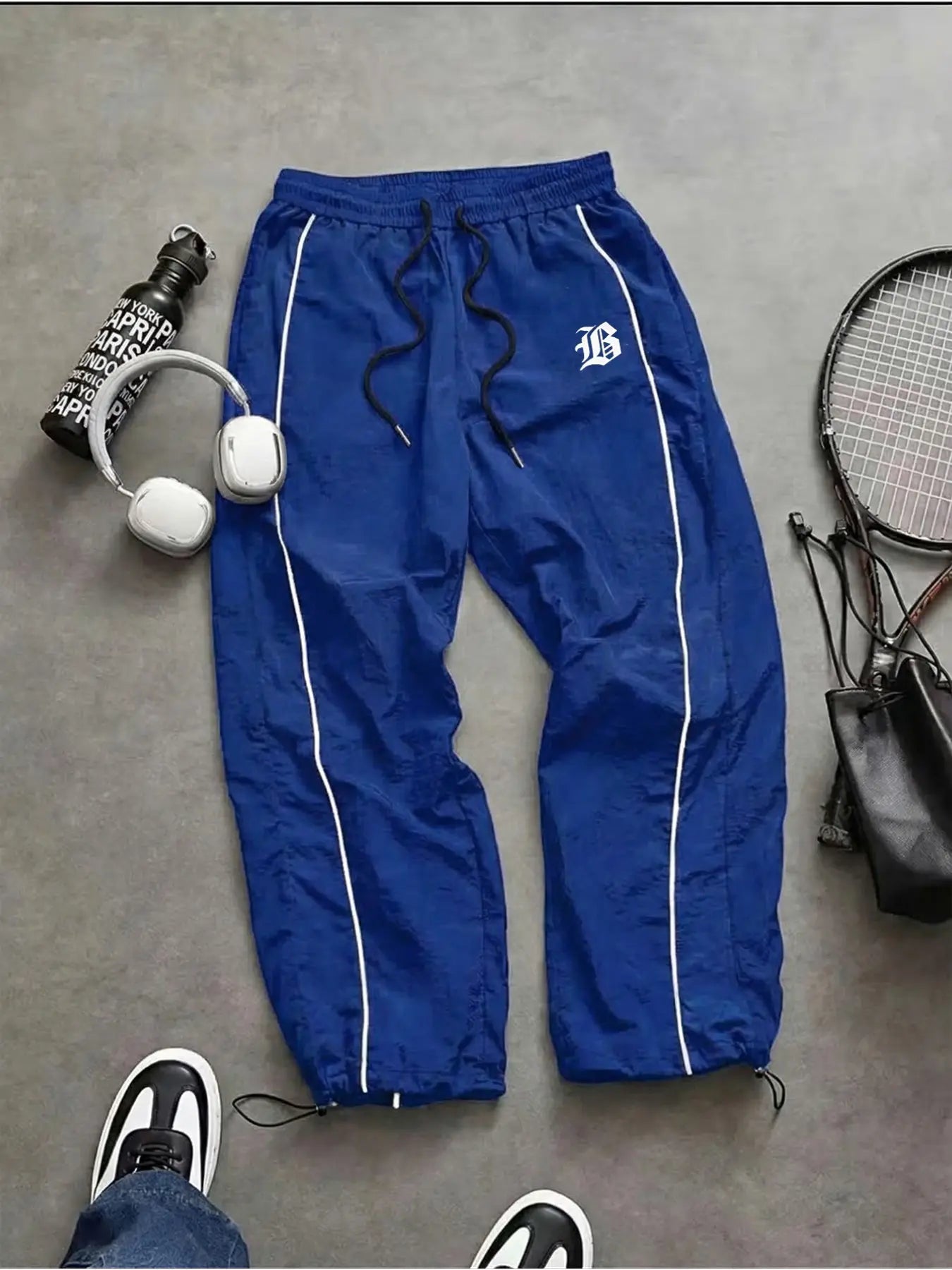 Men'S Casual Sporty Long Pants, Loose Fit Elastic Cuff, Fashionable Print, Lightweight Fabric, Perfect for Daily Wear