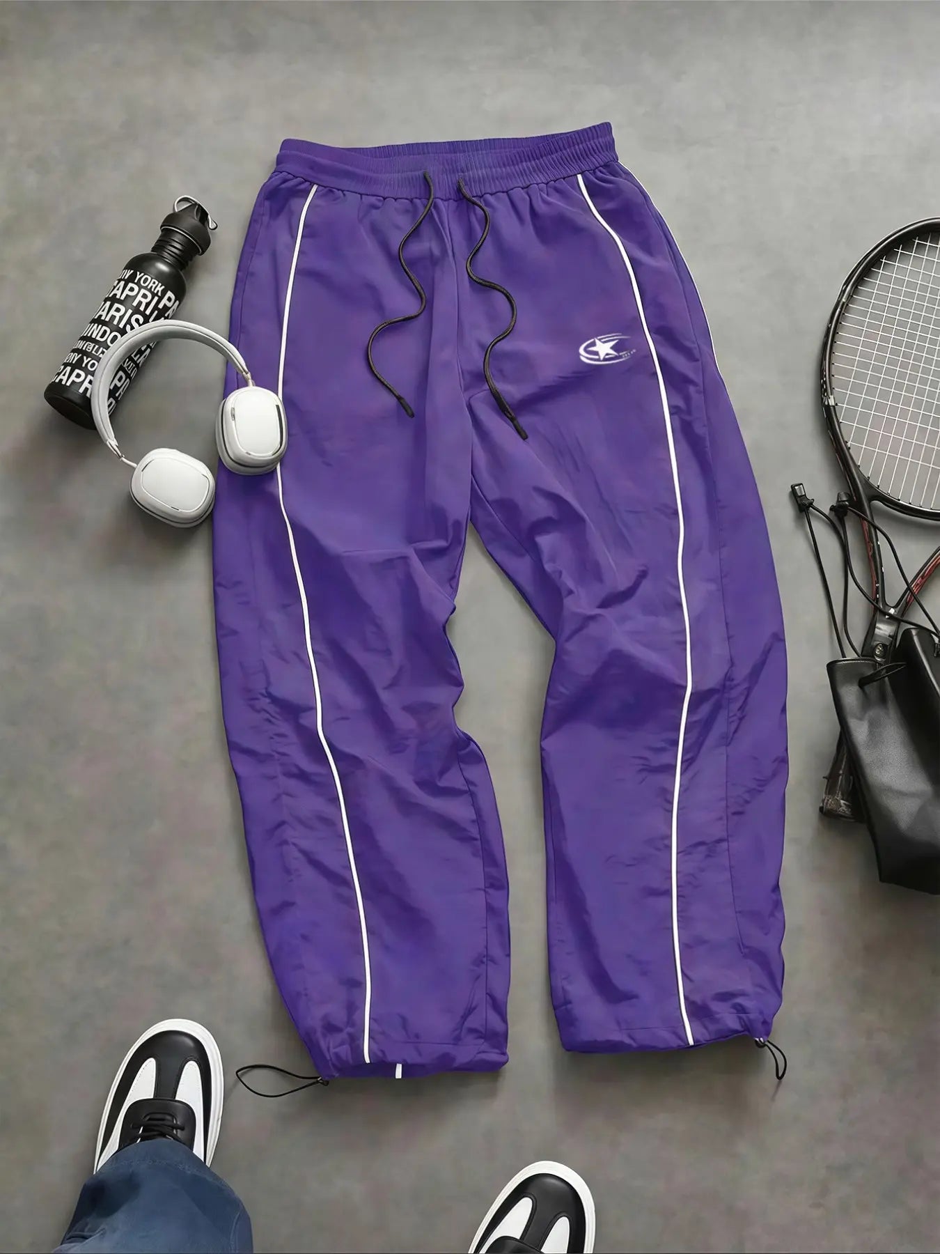 Men'S Casual Sporty Long Pants, Loose Fit Elastic Cuff, Fashionable Print, Lightweight Fabric, Perfect for Daily Wear