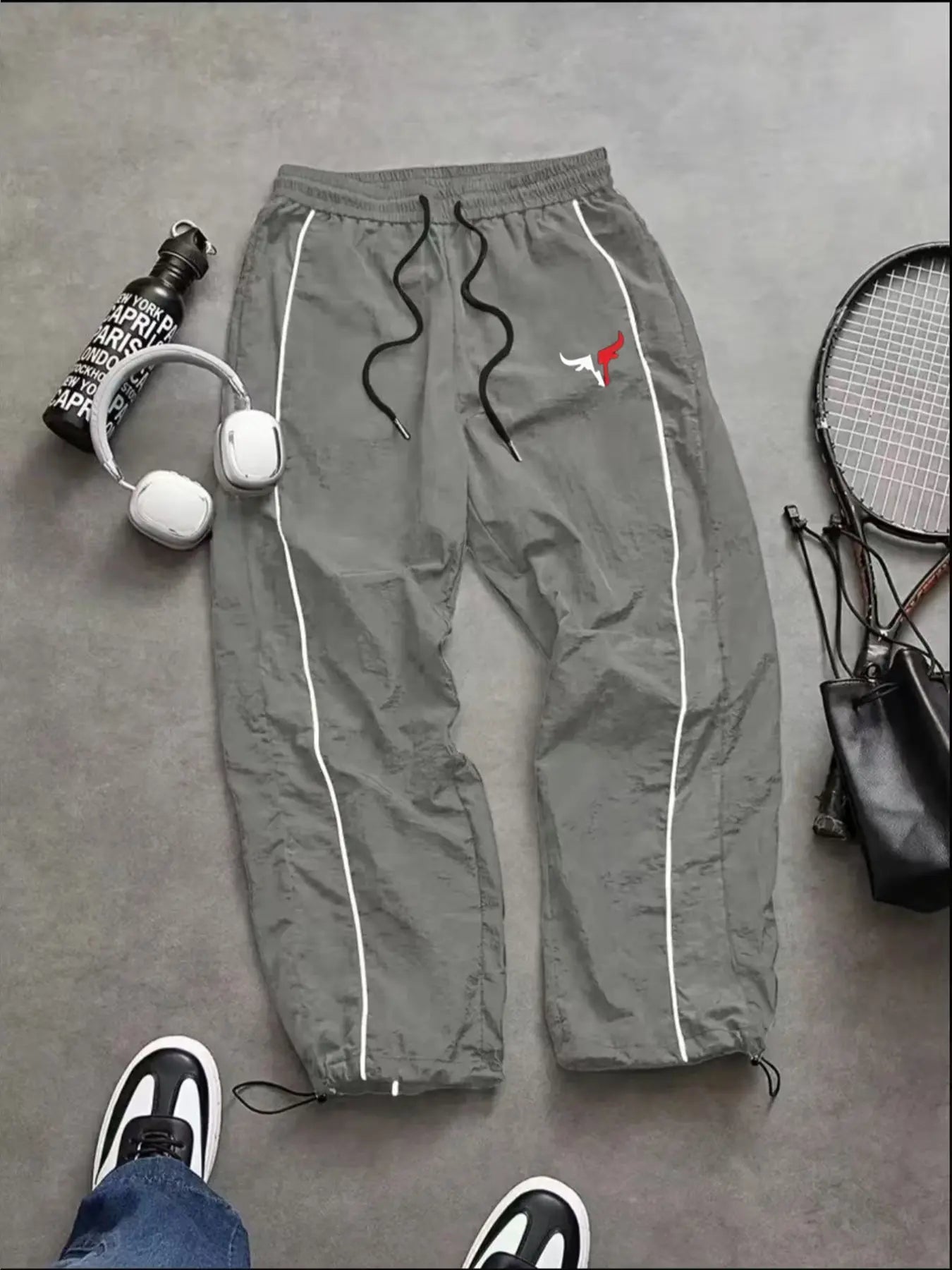 Men'S Casual Sporty Long Pants, Loose Fit Elastic Cuff, Fashionable Print, Lightweight Fabric, Perfect for Daily Wear