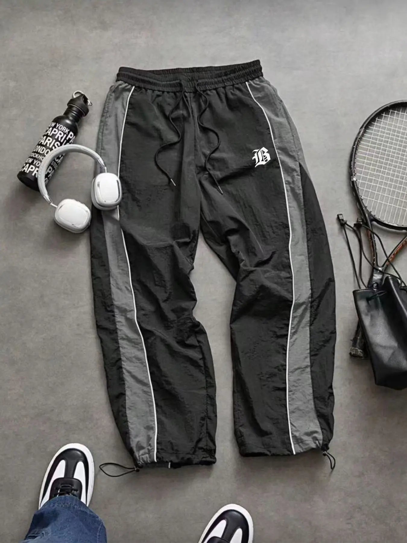 Men'S Casual Sporty Long Pants, Loose Fit Elastic Cuff, Fashionable Print, Lightweight Fabric, Perfect for Daily Wear