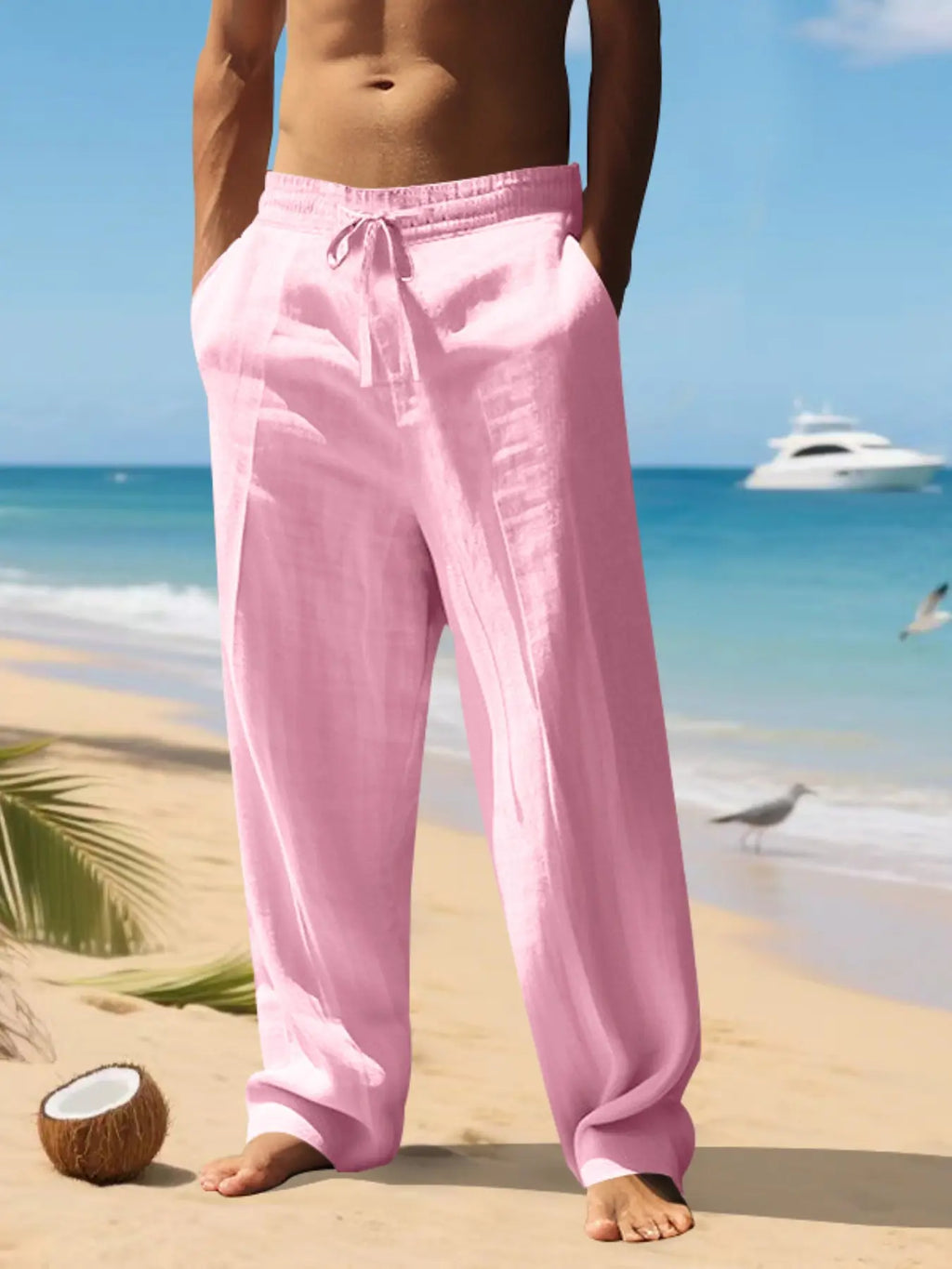 Men'S Plain Linen Thin Long Pants, Casual Asymmetrical Design, Elastic Waist, Loose-Fit, S-3Xl, Durable & Easy Care, Perfect for Daily Wear