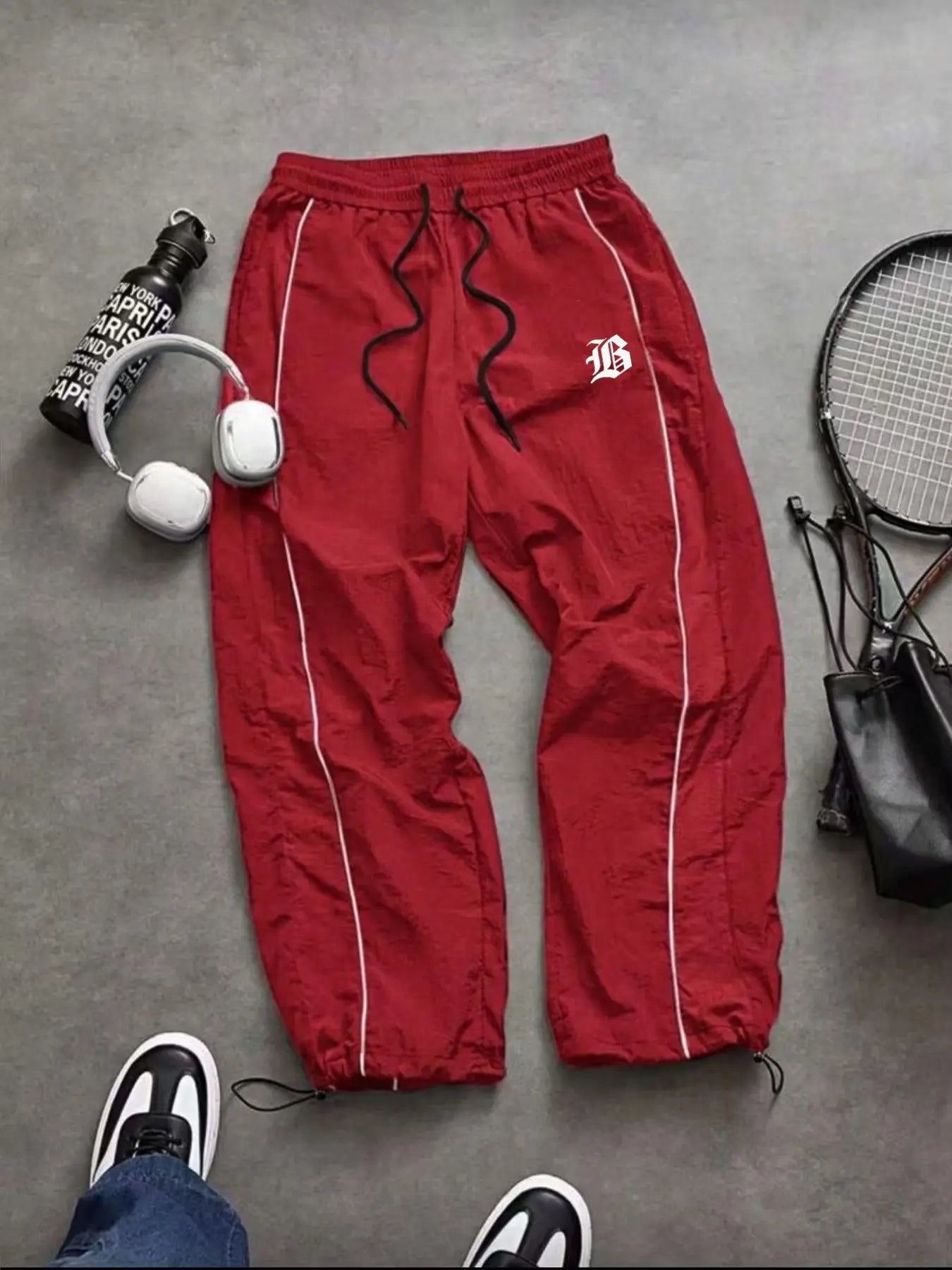 Men'S Casual Sporty Long Pants, Loose Fit Elastic Cuff, Fashionable Print, Lightweight Fabric, Perfect for Daily Wear