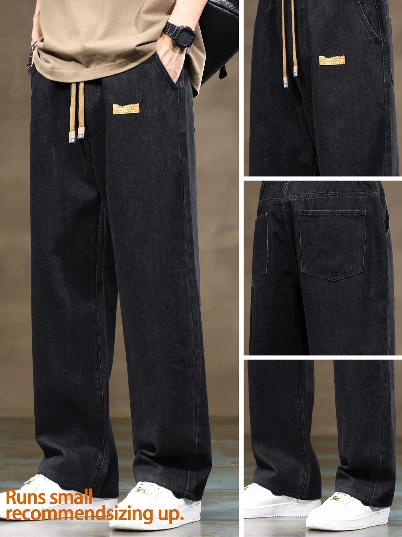Men'S Drawstring Elastic Waist Straight Leg Jeans, Solid Color Classic Casual Streetwear Versatile Non Stretch Denim Pants, Pocket, Fit Straight Leg Version, Suitable for All Seasons