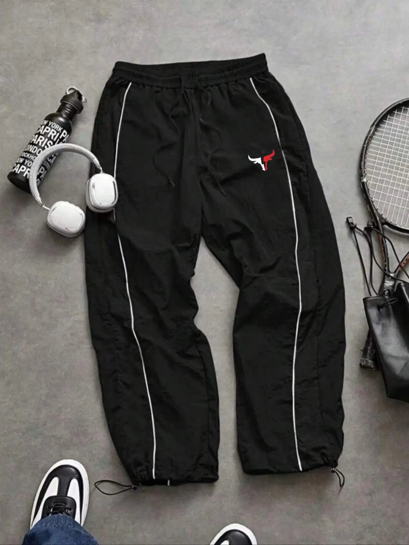 Men'S Casual Sporty Long Pants, Loose Fit Elastic Cuff, Fashionable Print, Lightweight Fabric, Perfect for Daily Wear
