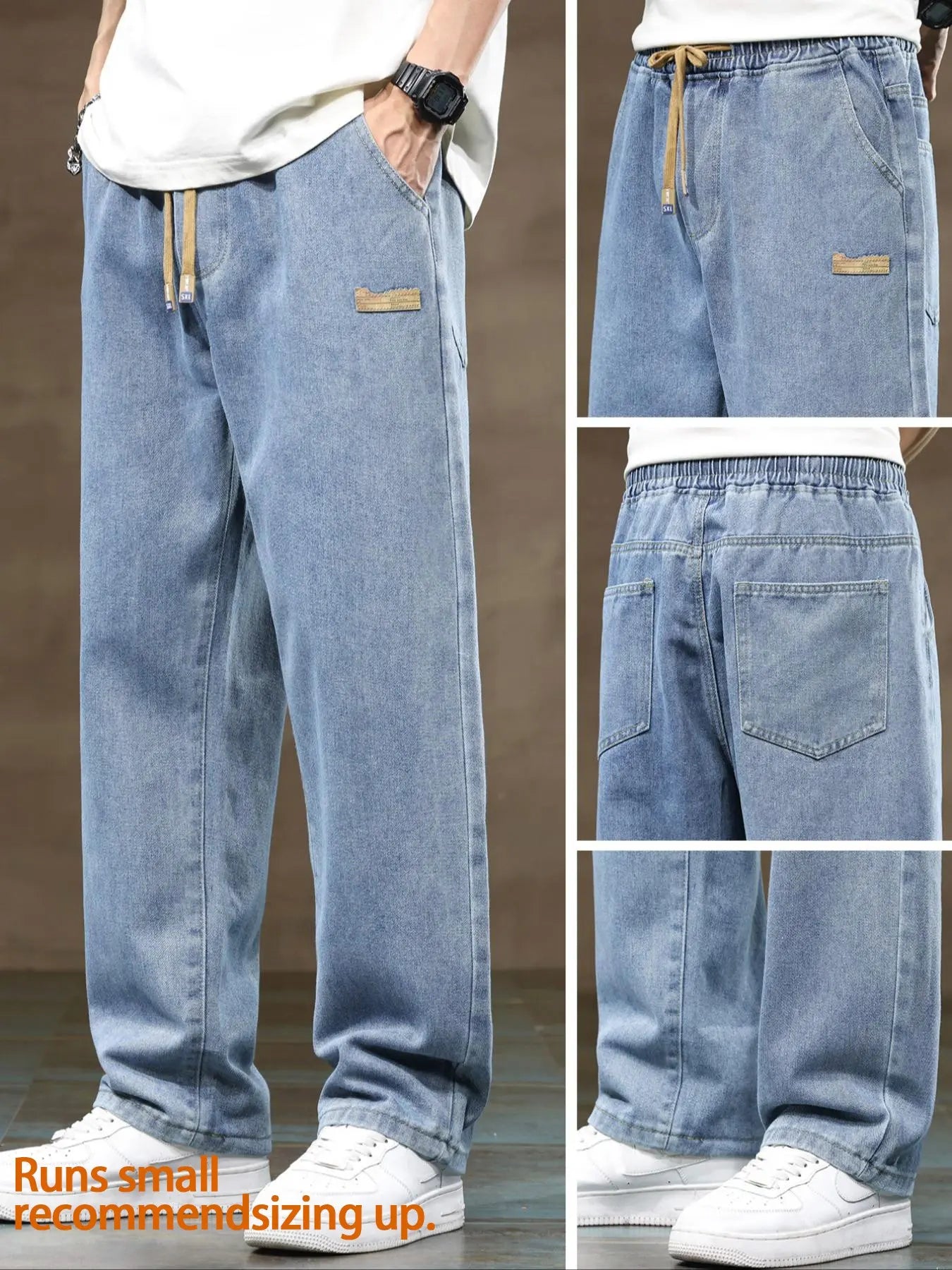 Men'S Drawstring Elastic Waist Straight Leg Jeans, Solid Color Classic Casual Streetwear Versatile Non Stretch Denim Pants, Pocket, Fit Straight Leg Version, Suitable for All Seasons