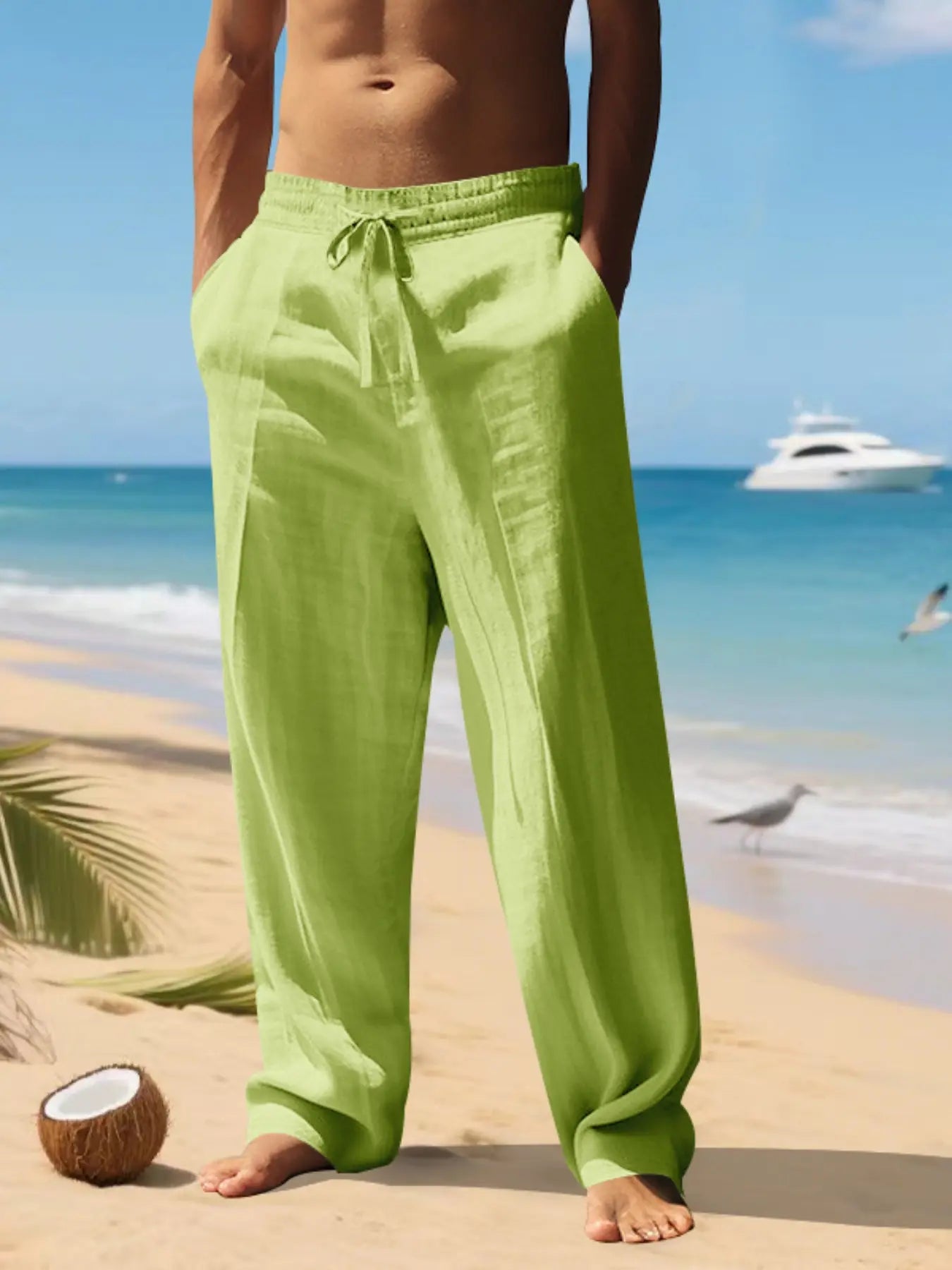 Men'S Plain Linen Thin Long Pants, Casual Asymmetrical Design, Elastic Waist, Loose-Fit, S-3Xl, Durable & Easy Care, Perfect for Daily Wear