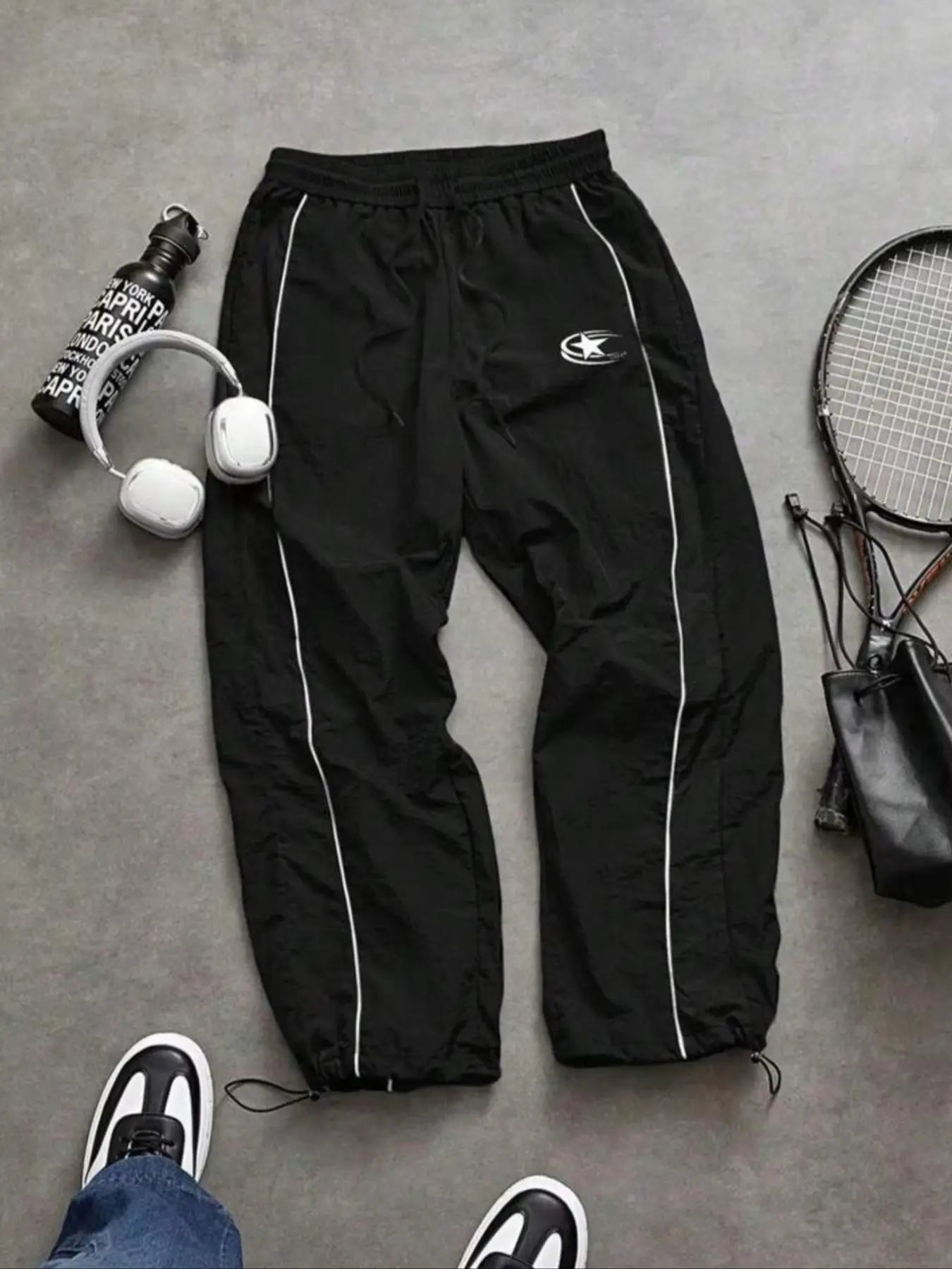 Men'S Casual Sporty Long Pants, Loose Fit Elastic Cuff, Fashionable Print, Lightweight Fabric, Perfect for Daily Wear