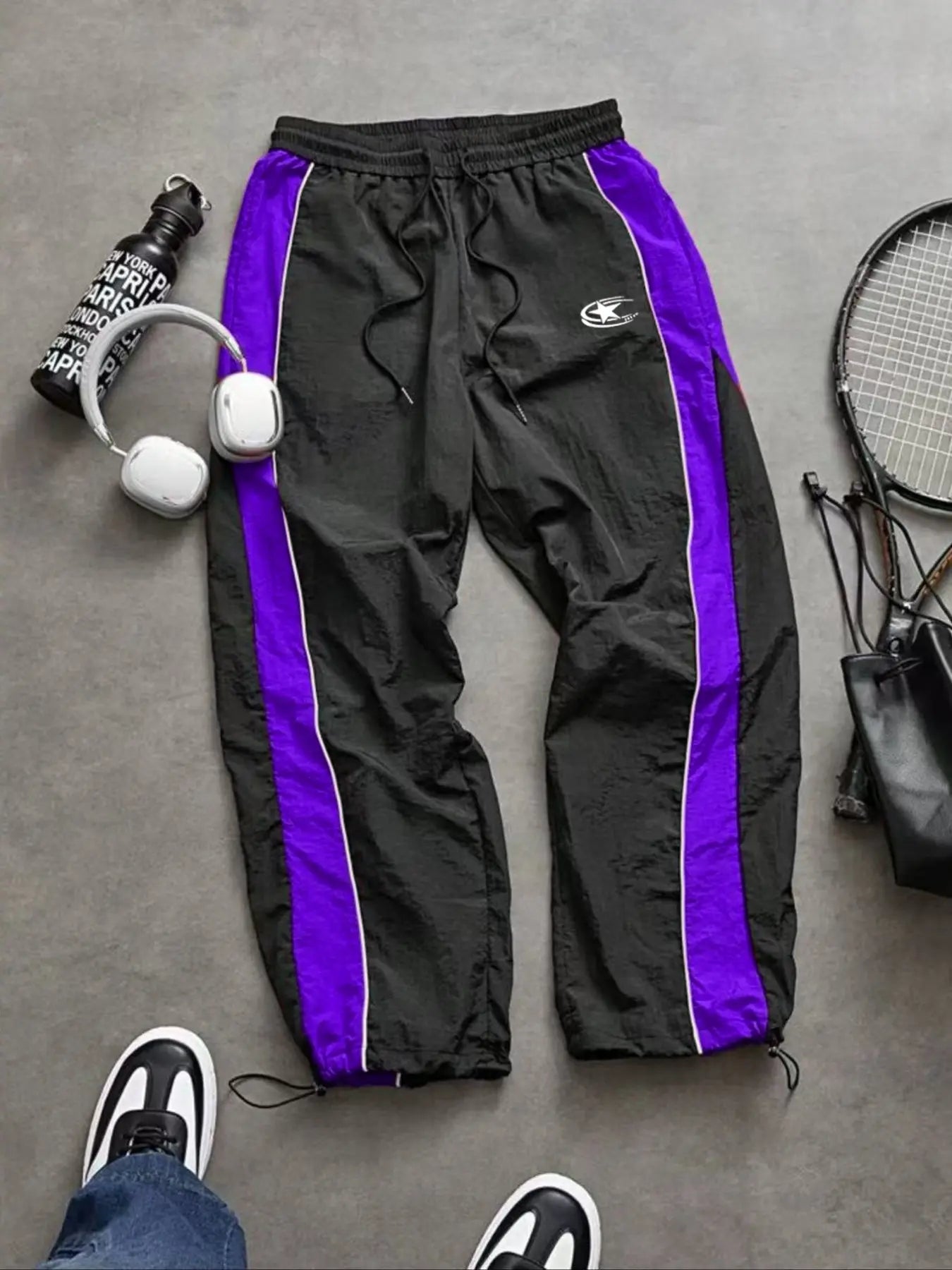 Men'S Casual Sporty Long Pants, Loose Fit Elastic Cuff, Fashionable Print, Lightweight Fabric, Perfect for Daily Wear