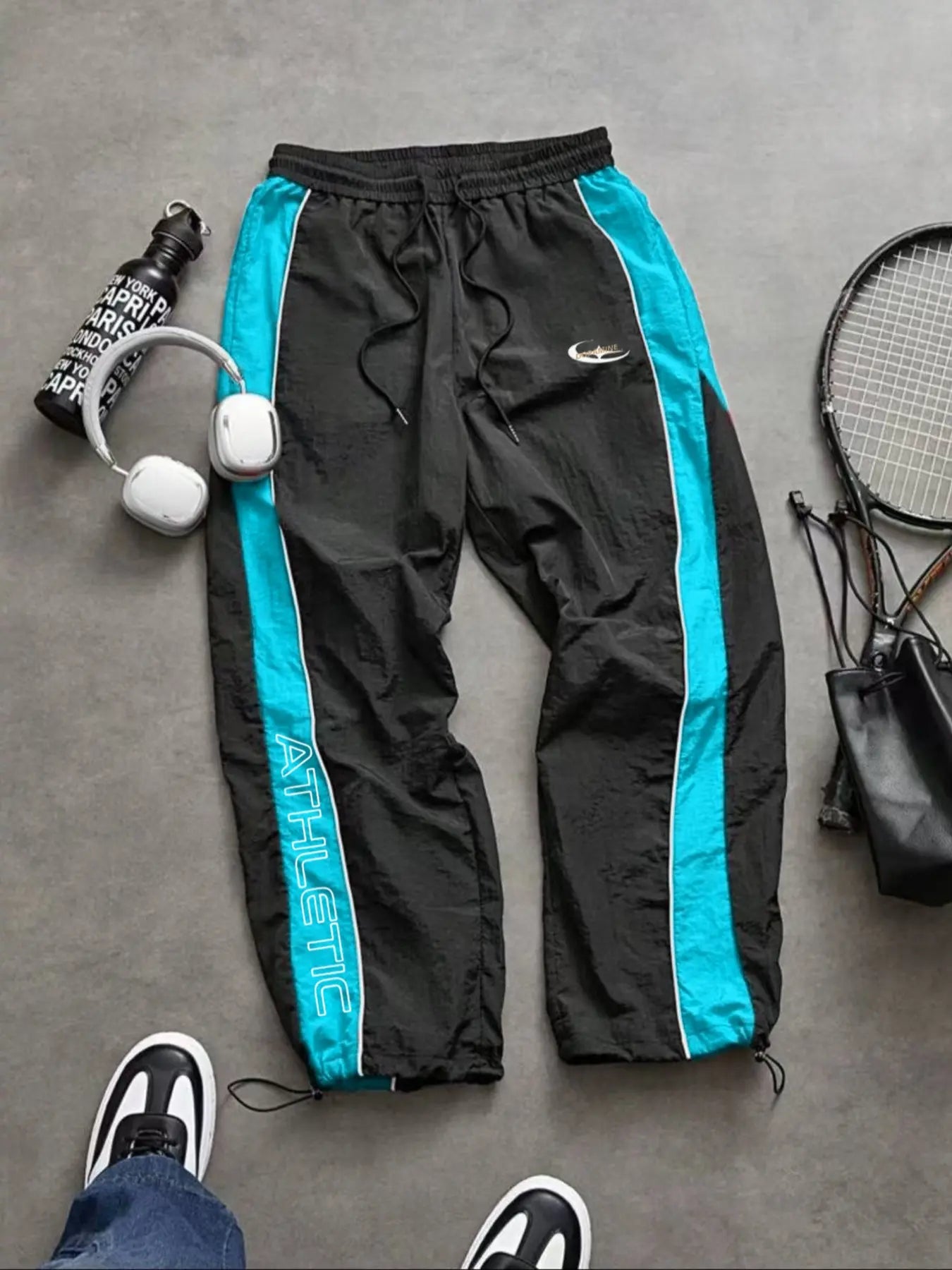 Men'S Casual Sporty Long Pants, Loose Fit Elastic Cuff, Fashionable Print, Lightweight Fabric, Perfect for Daily Wear