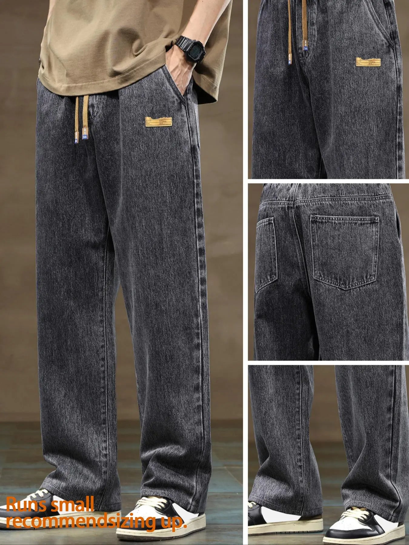 Men'S Drawstring Elastic Waist Straight Leg Jeans, Solid Color Classic Casual Streetwear Versatile Non Stretch Denim Pants, Pocket, Fit Straight Leg Version, Suitable for All Seasons