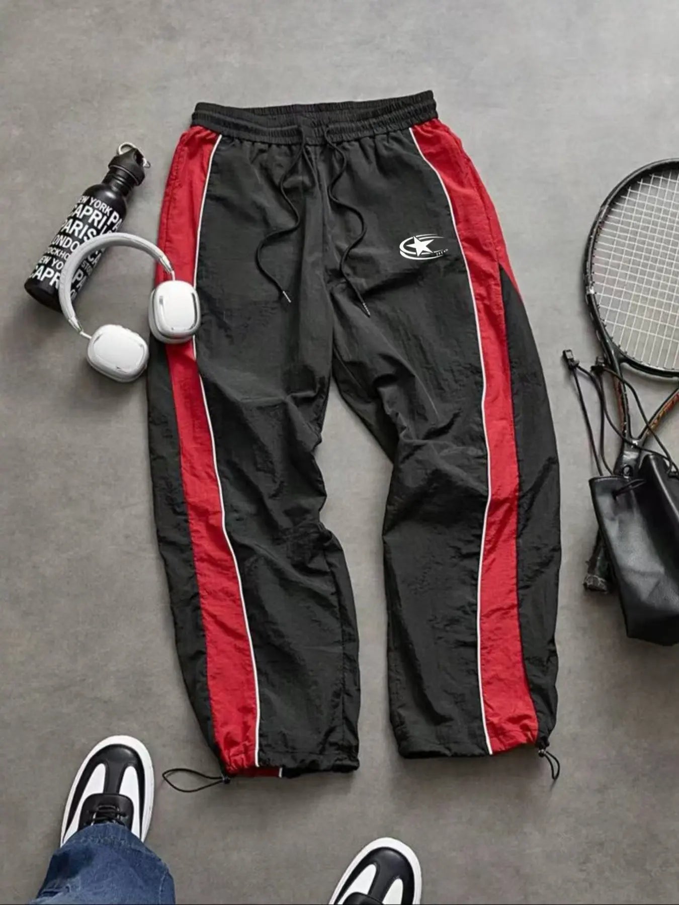 Men'S Casual Sporty Long Pants, Loose Fit Elastic Cuff, Fashionable Print, Lightweight Fabric, Perfect for Daily Wear