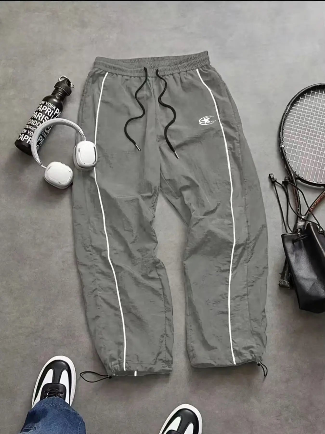 Men'S Casual Sporty Long Pants, Loose Fit Elastic Cuff, Fashionable Print, Lightweight Fabric, Perfect for Daily Wear